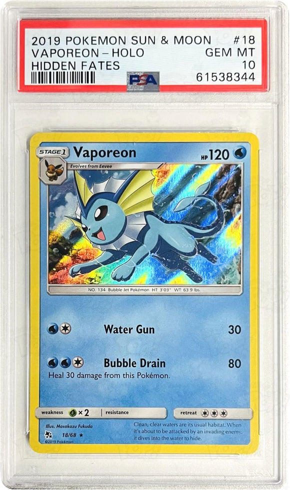 Pokemon TCG: Hidden Fates Vaporeon 18/68 / Holo Rare PSA 10 Pokemon TCG: Hidden Fates Vaporeon 18/68 / Holo Rare PSA 10
