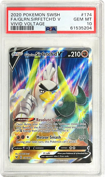 Pokemon TCG: SWSH04: Vivid Voltage Galarian Sirfetch'd V (Full Art) 174/185 / Ultra Rare PSA 10 Pokemon TCG: SWSH04: Vivid Voltage Galarian Sirfetch'd V (Full Art) 174/185 / Ultra Rare PSA 10
